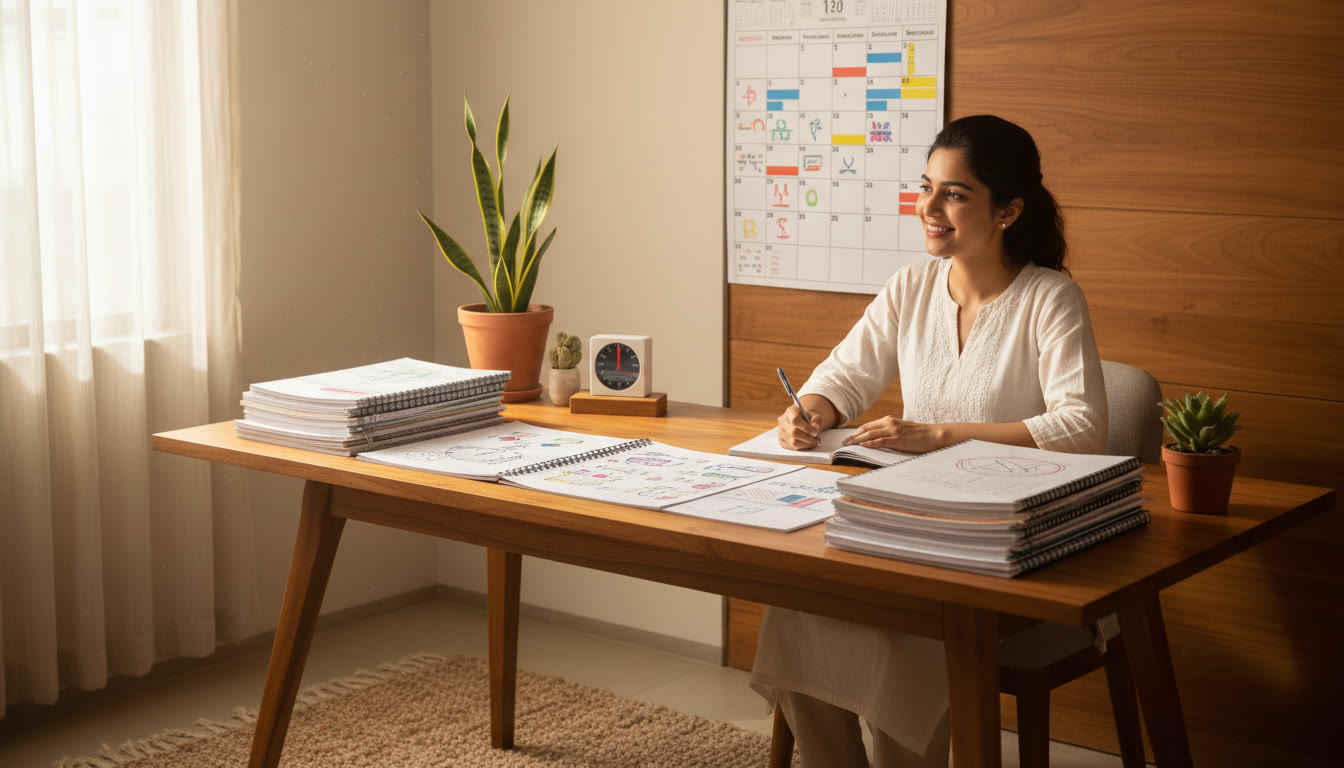 Photo Idea : student at desk with neatly organized notes, a timer, and a calendar marked into study blocks