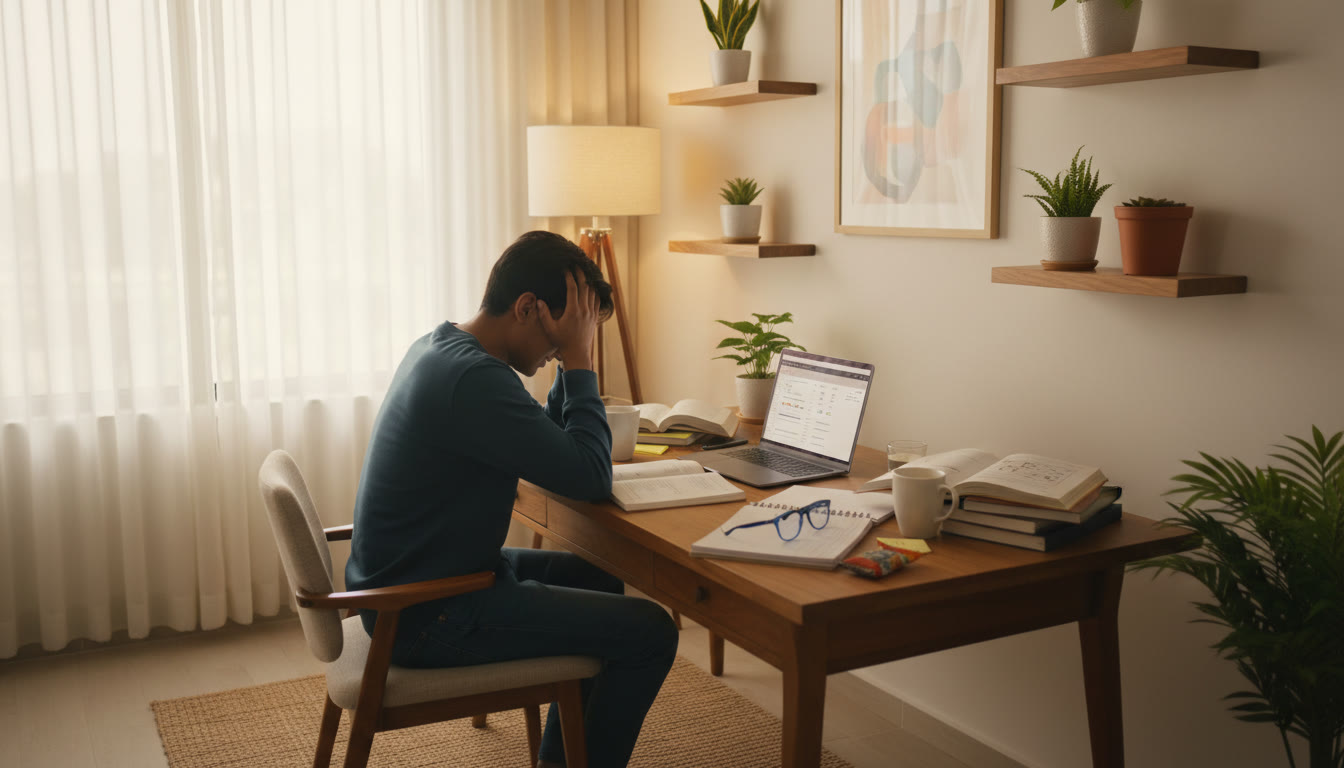 Photo Idea : Student at a cluttered study desk, head in hands, mock test open on laptop