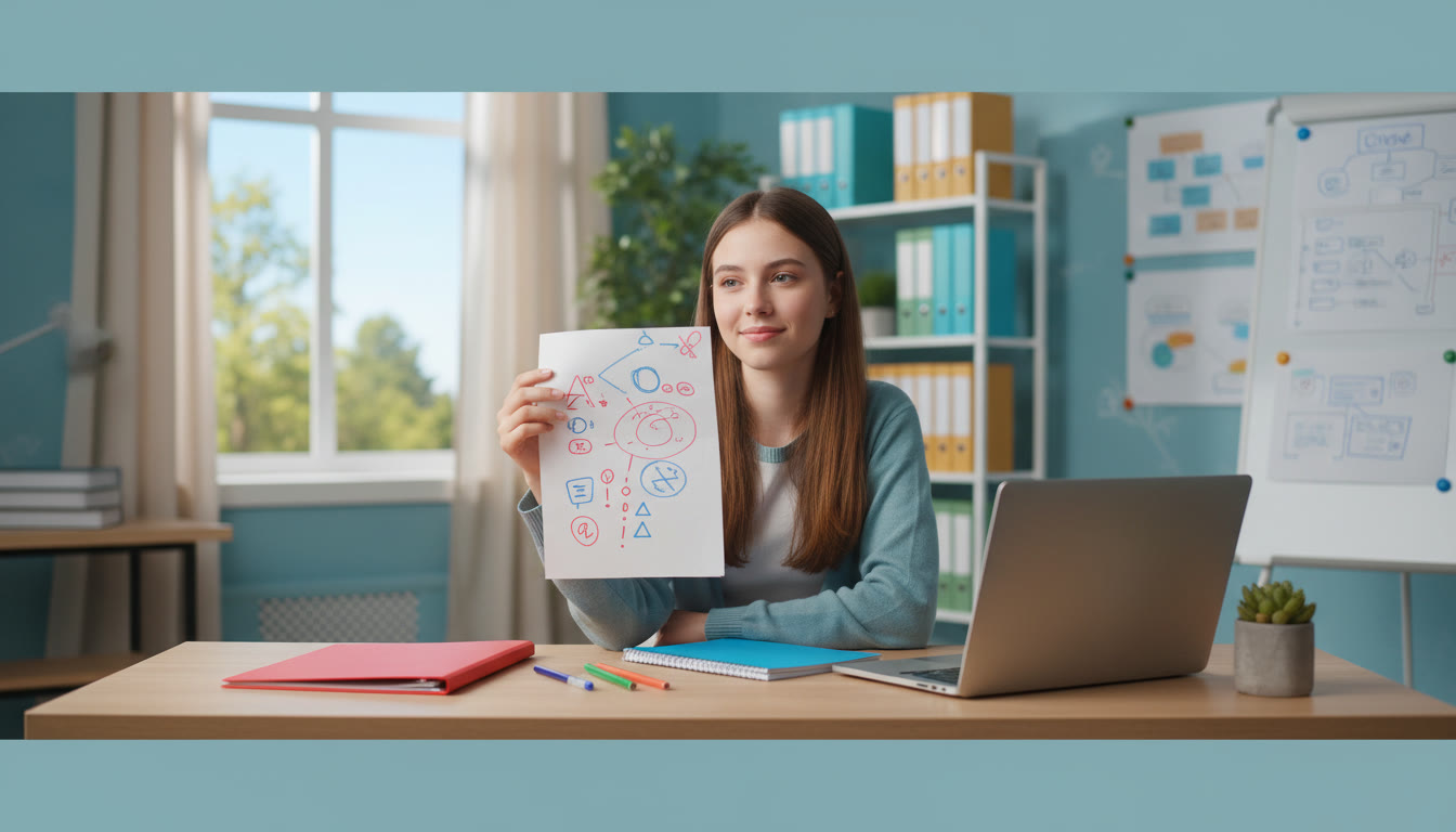 Photo Idea : Student at a tidy desk reviewing a returned paper with a calm, thoughtful expression