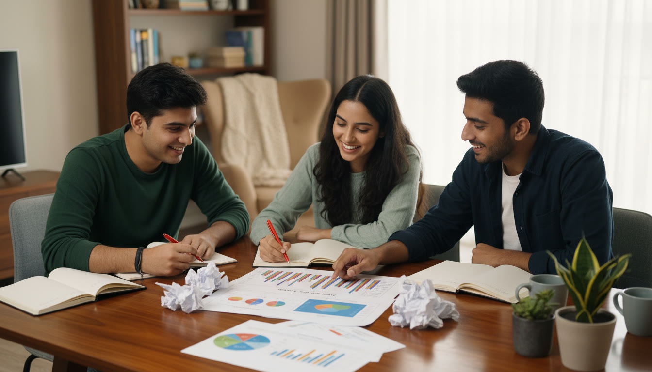 Photo Idea : Small study group reviewing a mock test analysis chart on a table with marked-up sheets