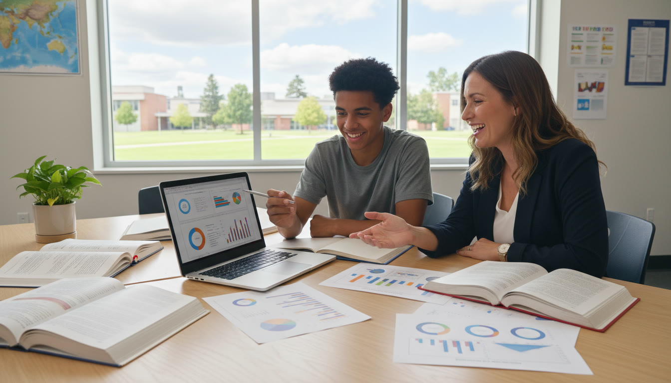 Photo Idea : Student and teacher reviewing prediction report over a laptop, papers spread out