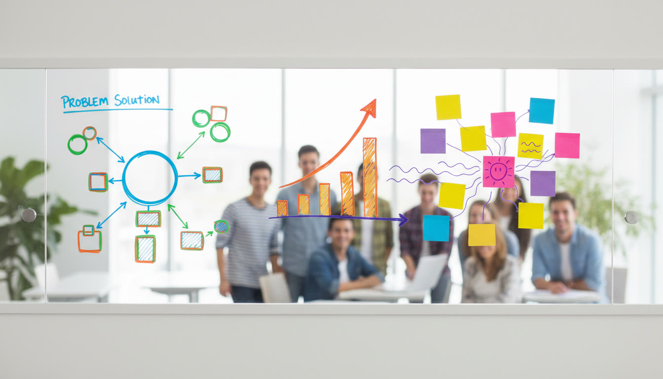 Photo Idea : A whiteboard with a step-by-step problem solved, charted progress tracker and colored sticky notes