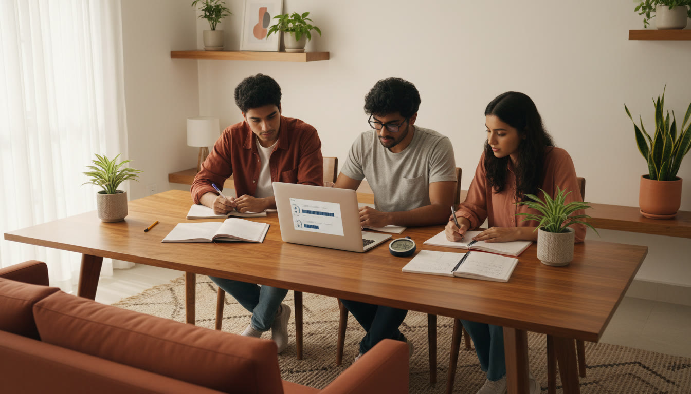 Photo Idea : focused students around a table with notebooks, a laptop showing a timed mock test, and a stopwatch