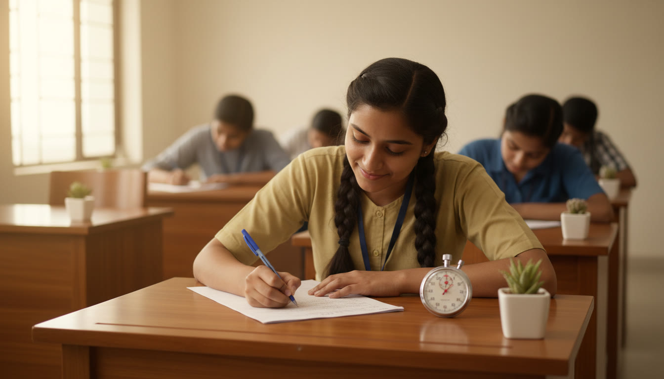 Photo Idea : Student in an exam hall writing on an answer sheet with a visible stopwatch on the desk