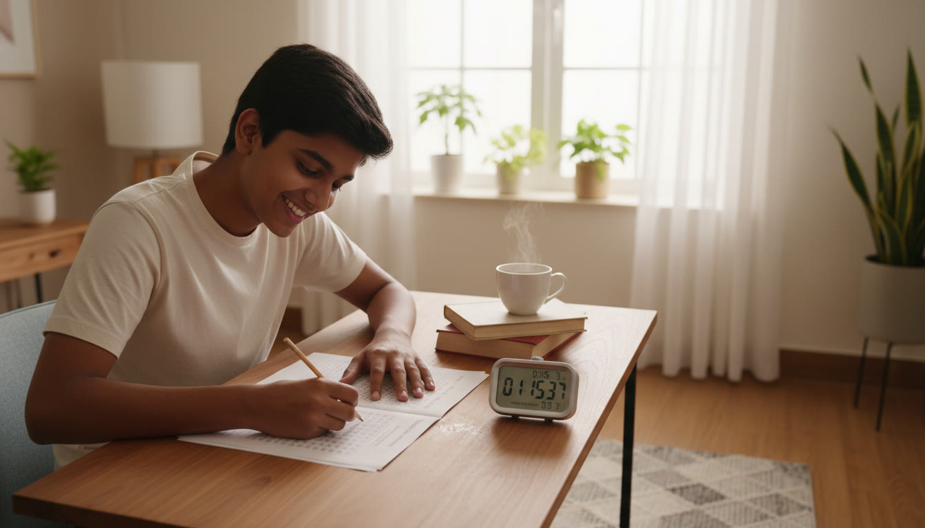Photo Idea : A student marking answers on a printed mock test with a stopwatch visible, demonstrating timed practice.