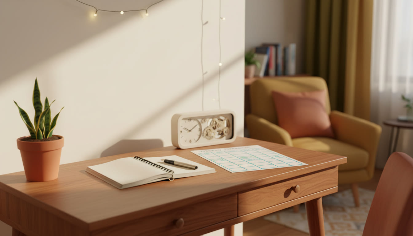 Photo Idea : A calm study corner with a notebook, pen, clock, and a neatly written weekly timetable