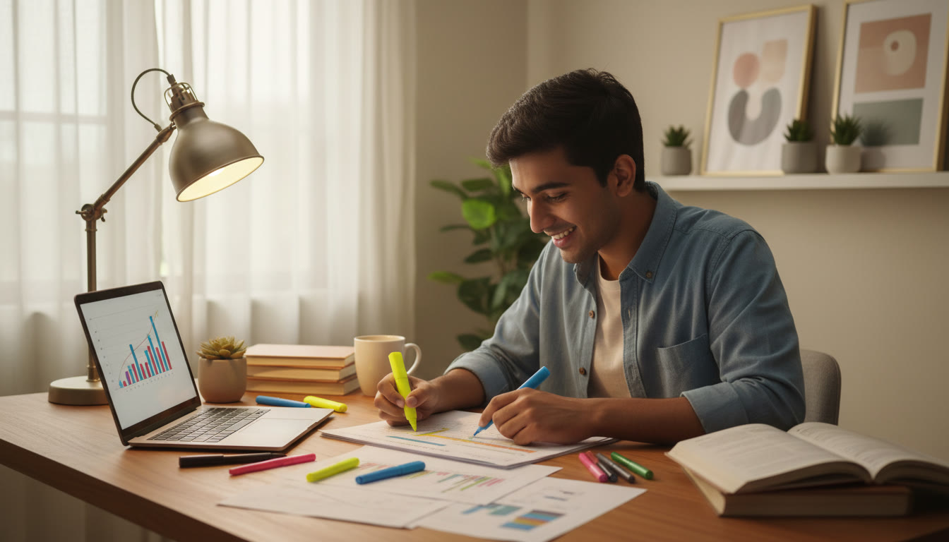 Photo Idea : Student reviewing a printed mock answer sheet with highlighters and a laptop on a cluttered desk
