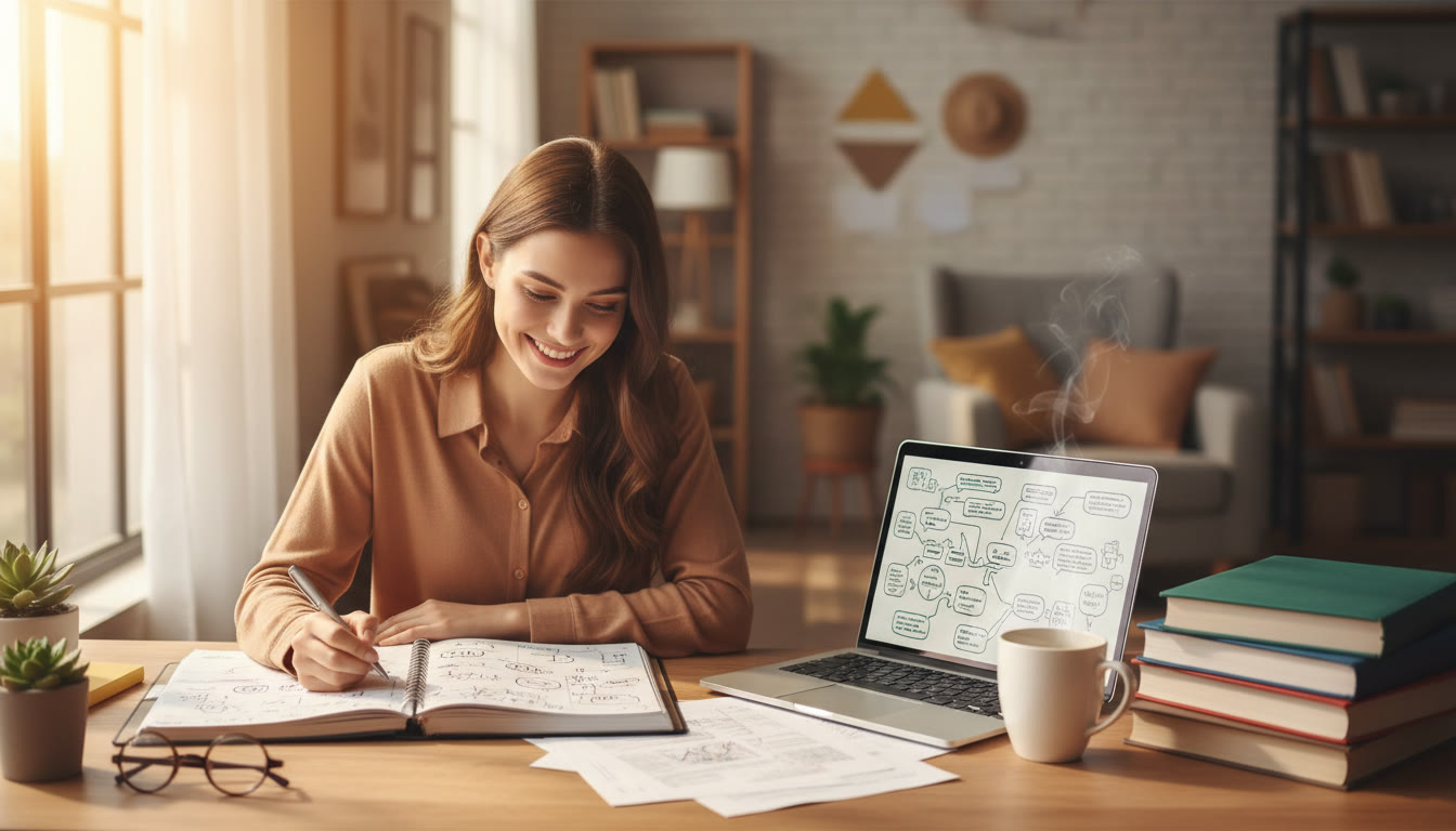 Photo Idea : Student at a sunlit desk with a planner, laptop open to notes, and IB textbooks stacked beside a coffee mug
