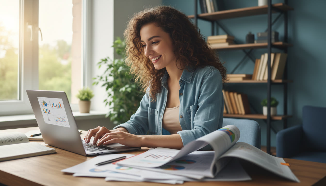 Photo Idea : A student filling out a research log on a laptop with printed articles beside them