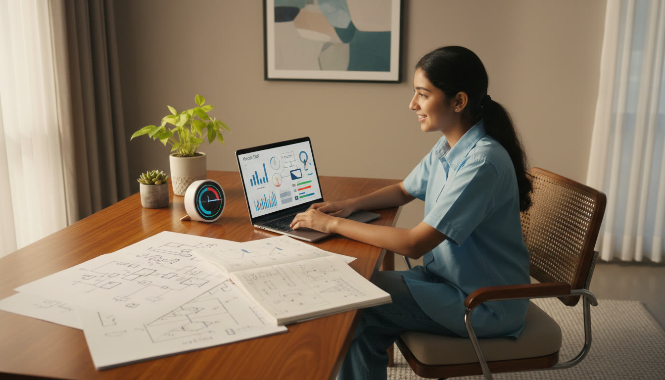 Photo Idea : A focused student at a desk with schematic notes, a timer, and a laptop showing a mock test interface