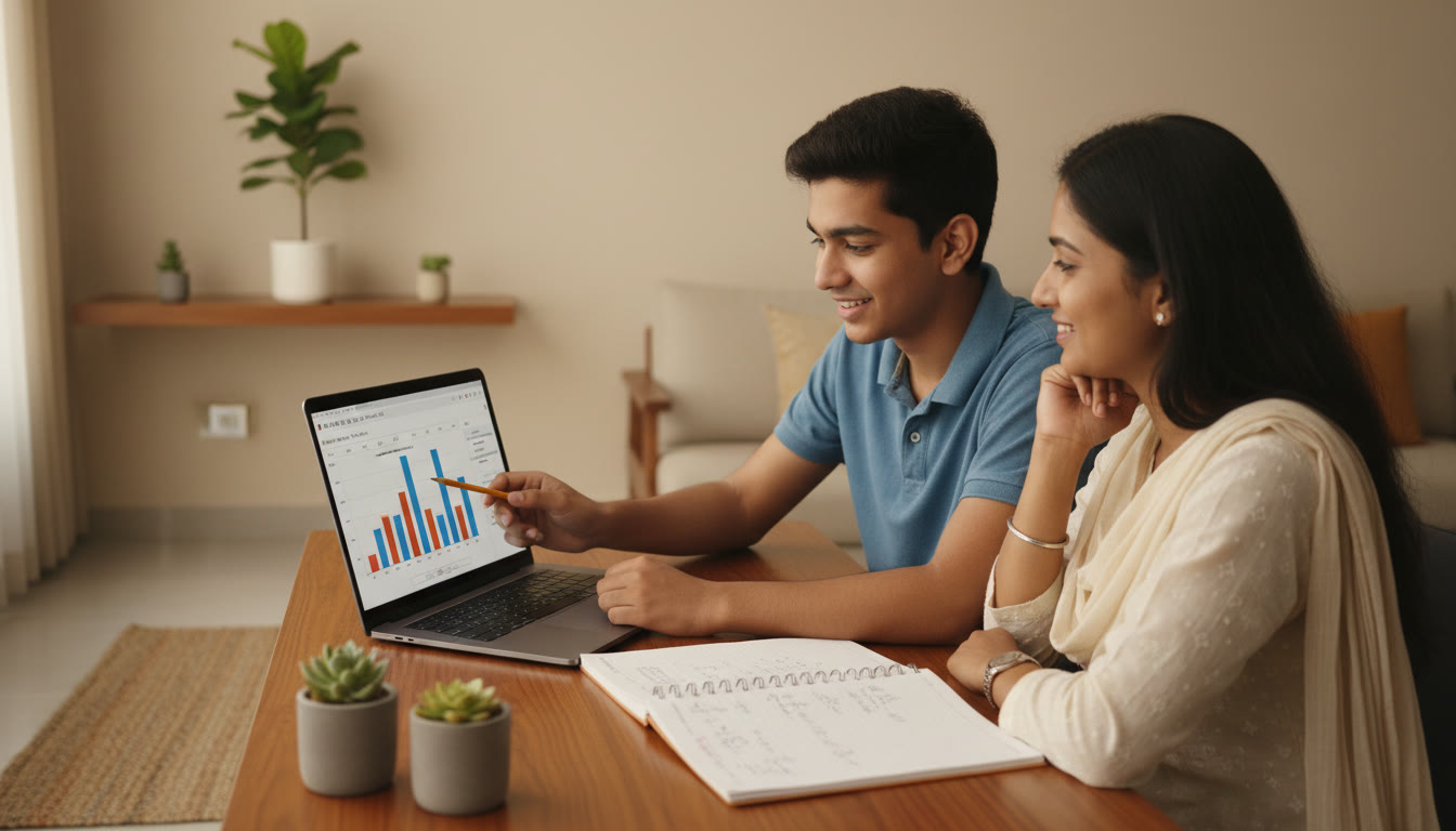 Photo Idea : A student and tutor reviewing a mock test analysis on a laptop with a notebook of error logs