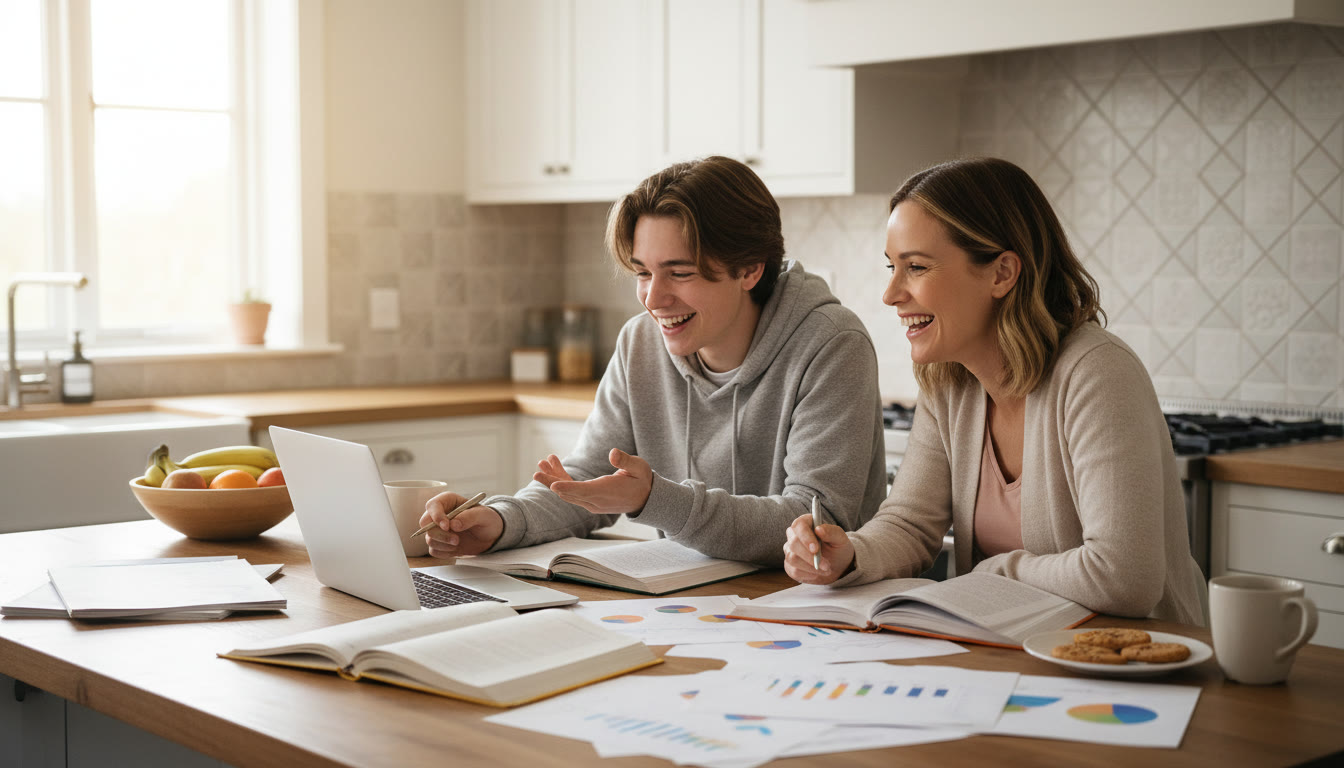 Photo Idea : [A parent and teen sitting at a kitchen table with notebooks and a laptop, smiling and talking with relaxed body language]