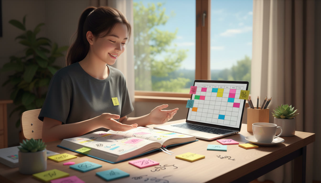 Photo Idea : Student at a desk with a colorful planner, sticky notes and a laptop open to a timetable