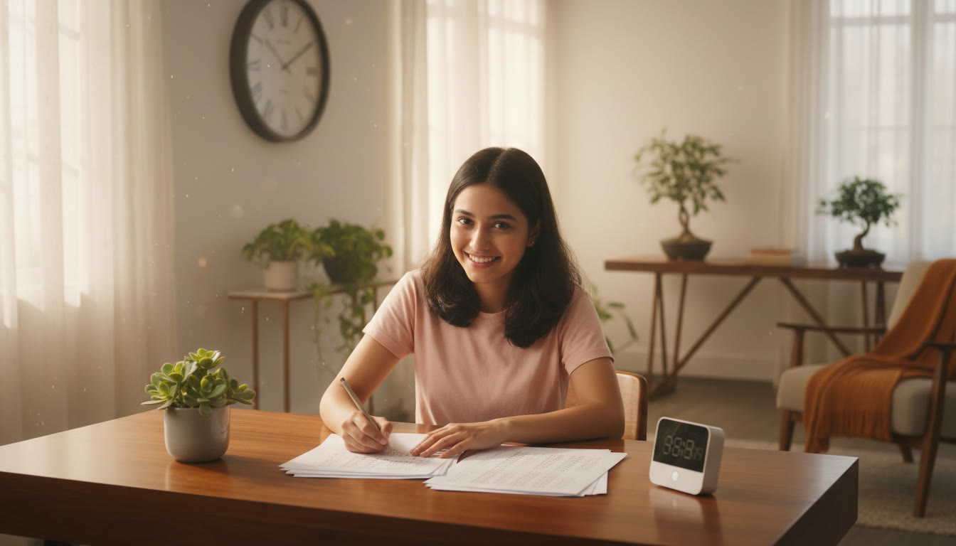Photo Idea : Student taking a timed mock test at a desk with a clock and answer sheet visible