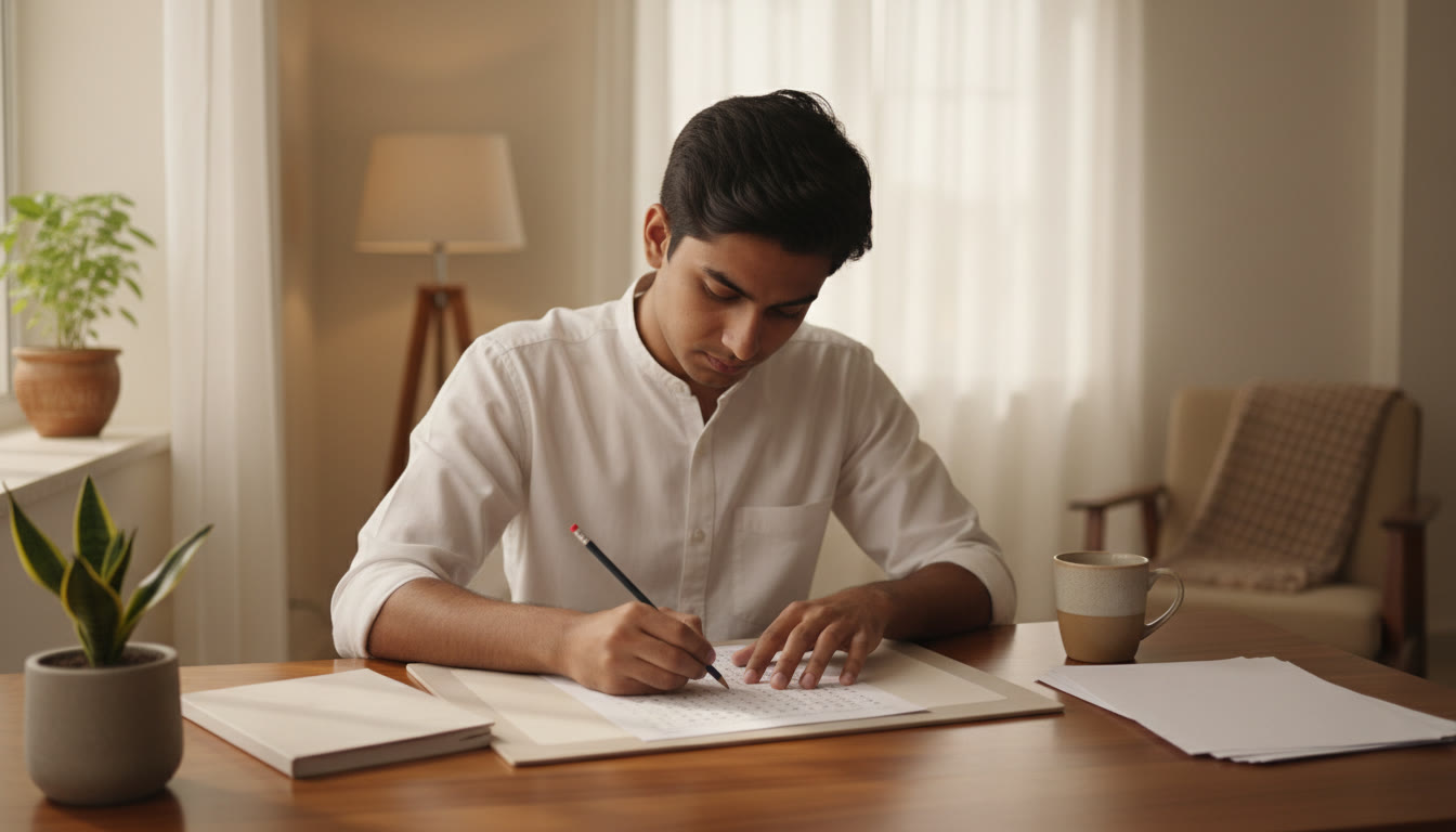 Photo Idea : A student in exam attire carefully shading an OMR sheet with a neat pencil