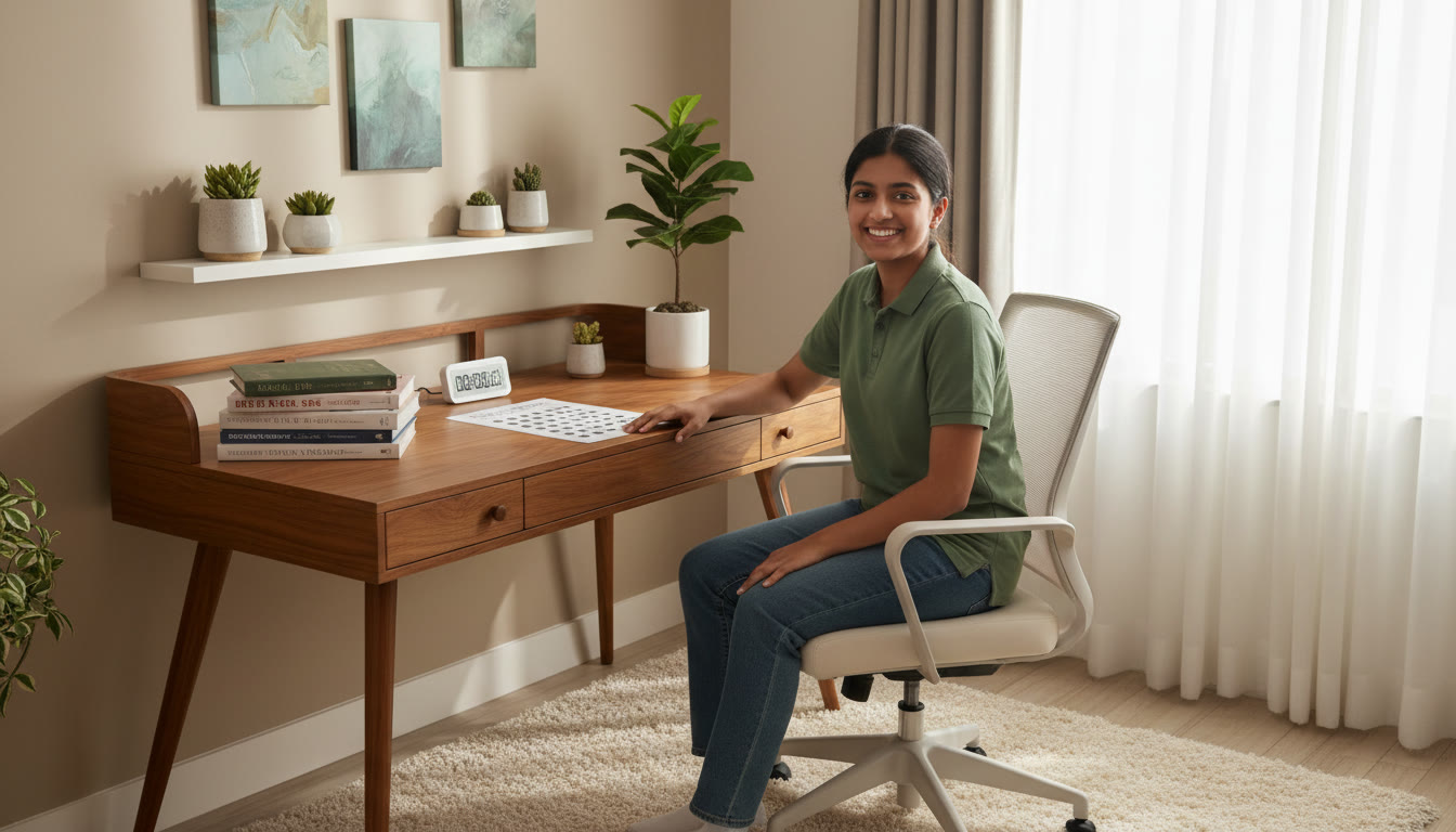 Photo Idea : Student at a study desk with NEET books, a timer, and a mock OMR sheet