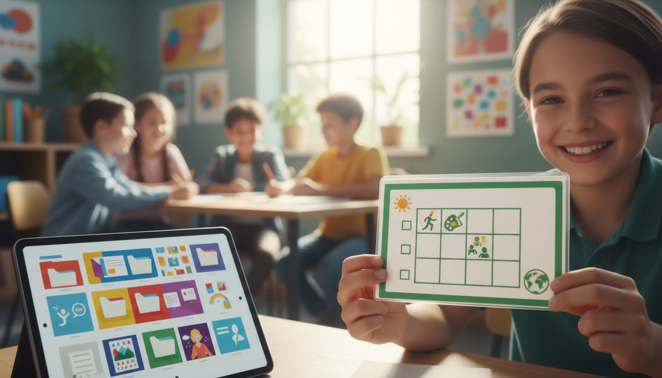 Photo Idea : Close-up of a student holding a laminated CAS learning outcomes checklist beside a tablet with portfolio files