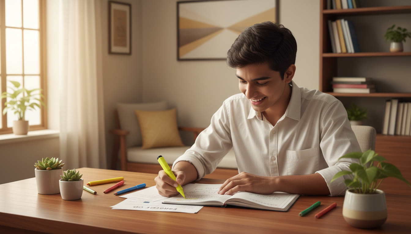 Photo Idea : A student analyzing a mock test paper with a highlighter and an error log notebook, showing correction process.