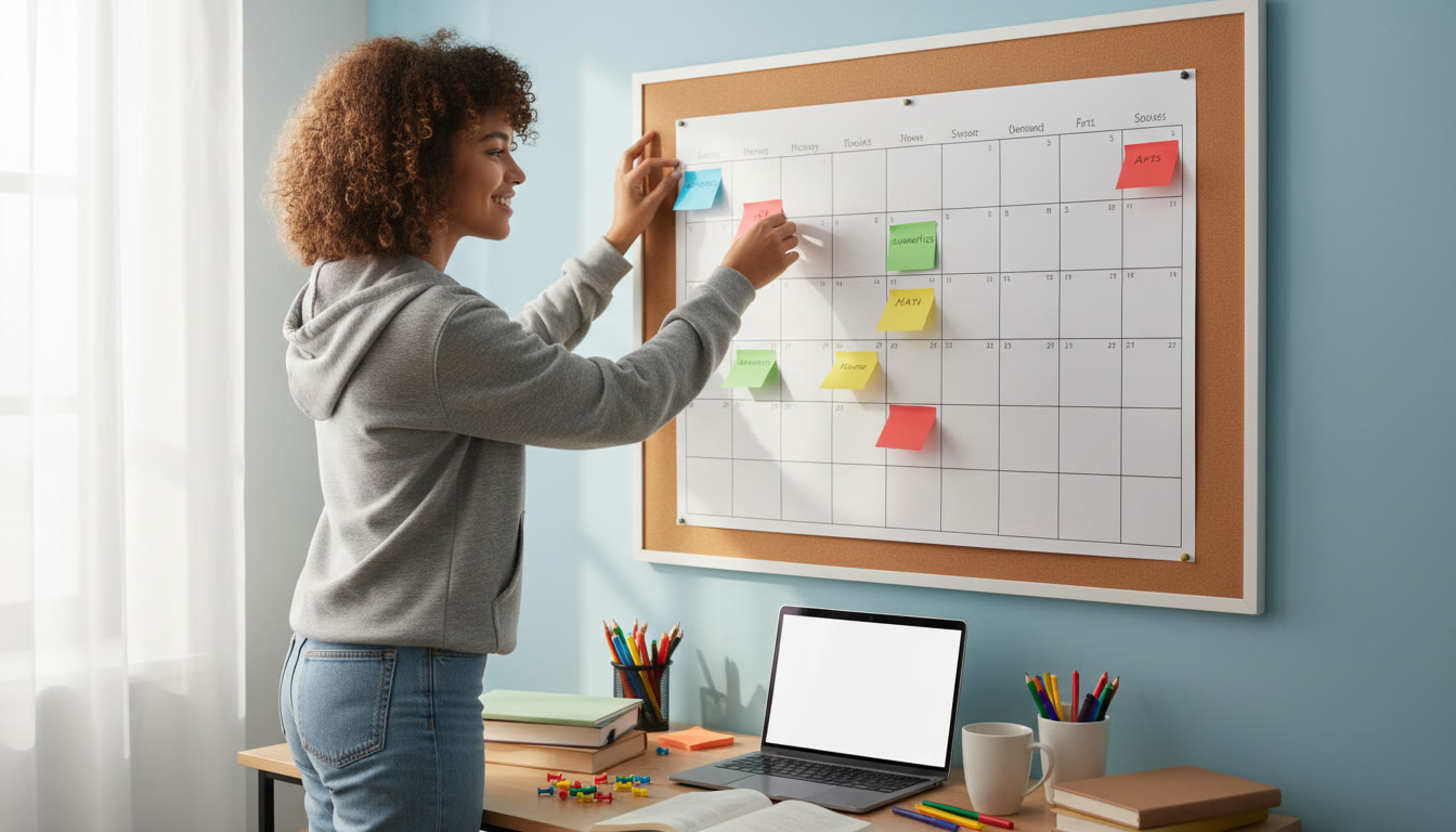 Photo Idea : Student pinning color-coded study goals to a wall calendar