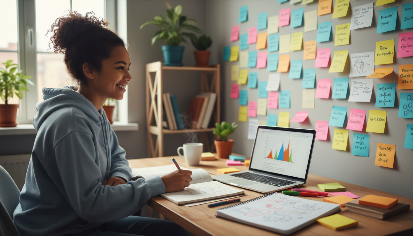 Photo Idea : student at a desk with open notebooks and a laptop surrounded by sticky notes