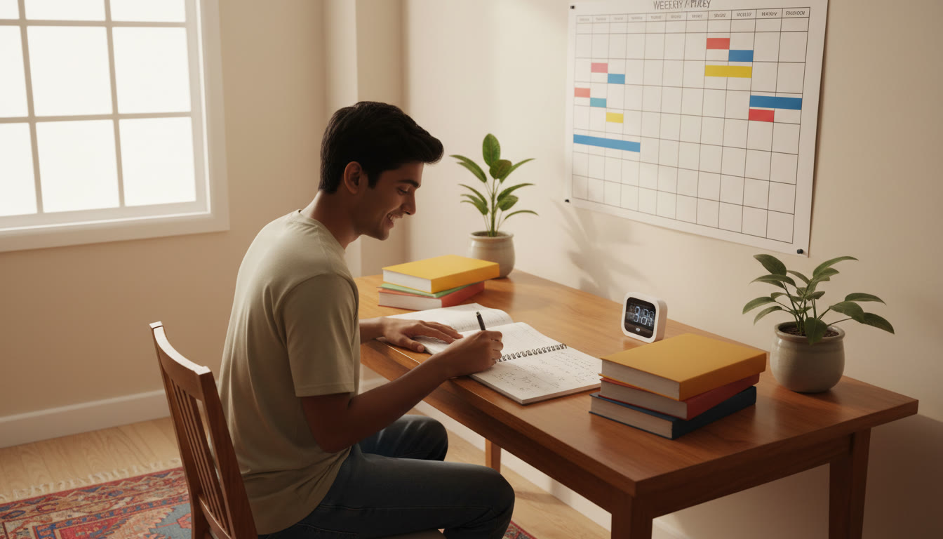 Photo Idea : Focused student at a tidy study desk with a visible timetable on the wall, open textbooks, notebook with practice questions, and a timer