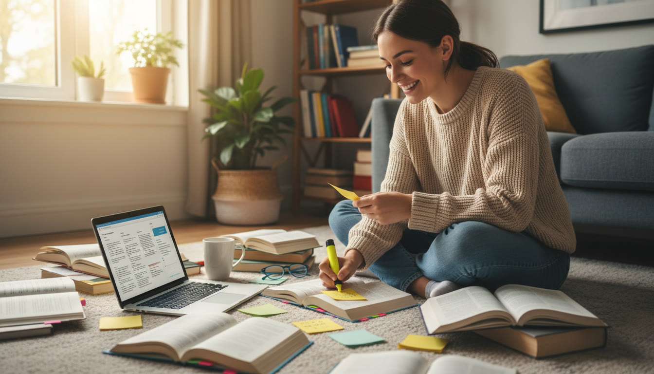 Photo Idea : a student surrounded by notebooks and a laptop, highlighting passages and writing a citation note