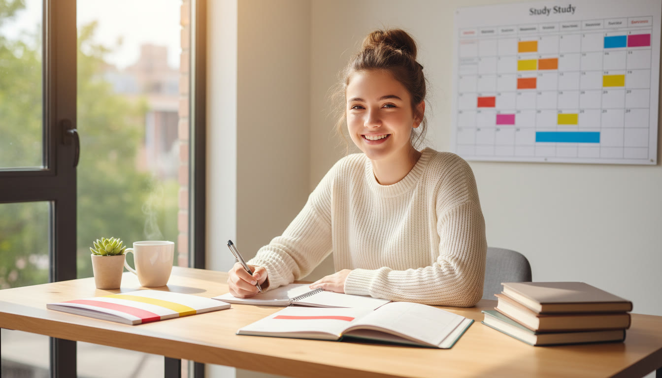 Photo Idea : Student at a desk with two notebooks labeled "HL" and "SL" and a calendar with study blocks