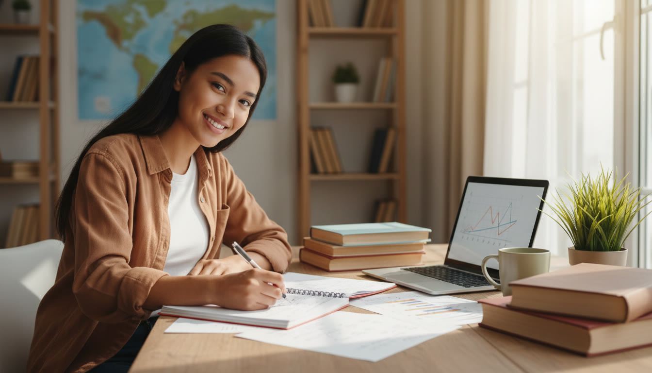 Photo Idea : Student at a desk solving problems on paper with a laptop and textbooks nearby