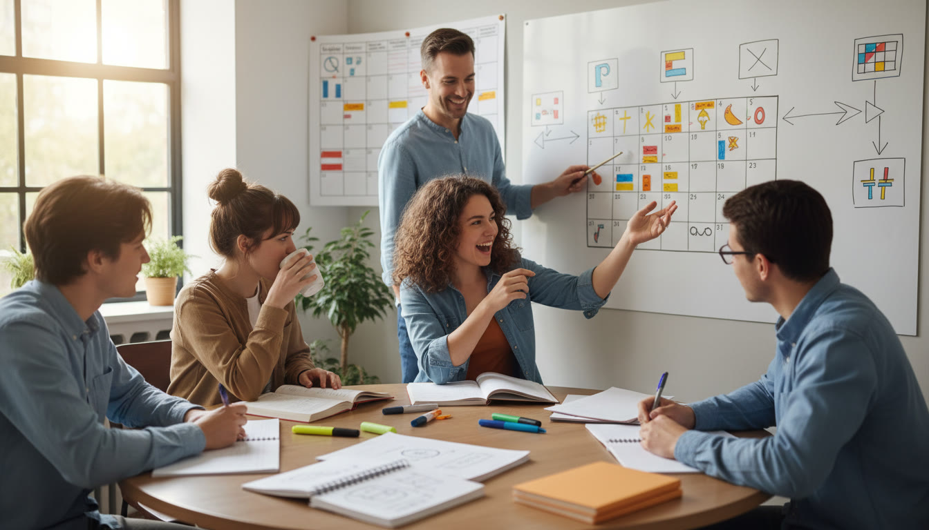 Photo Idea : A small group study session with notes, a whiteboard showing a timeline, and a tutor pointing at a calendar
