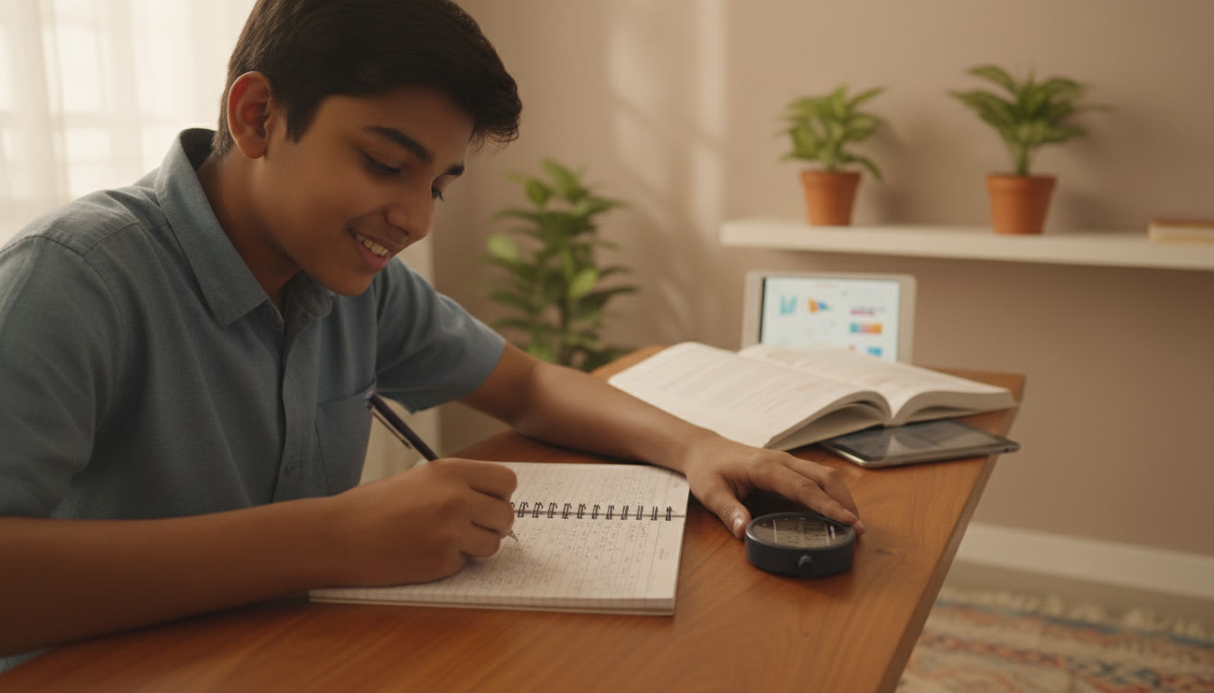 Photo Idea : Close-up of a student using a notebook to jot a compact formula sheet while timing practice problems