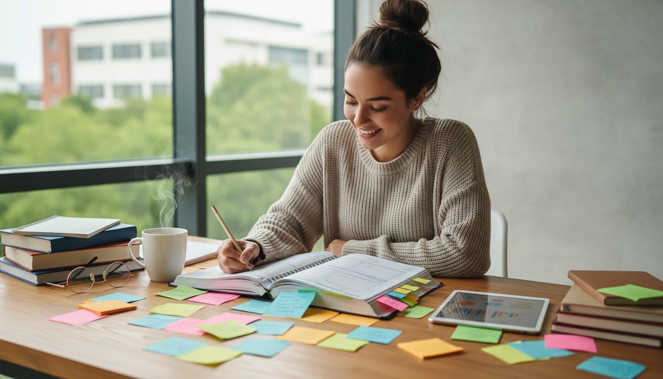 Photo Idea : Student at a desk with a large planner, color-coded sticky notes and a steaming mug