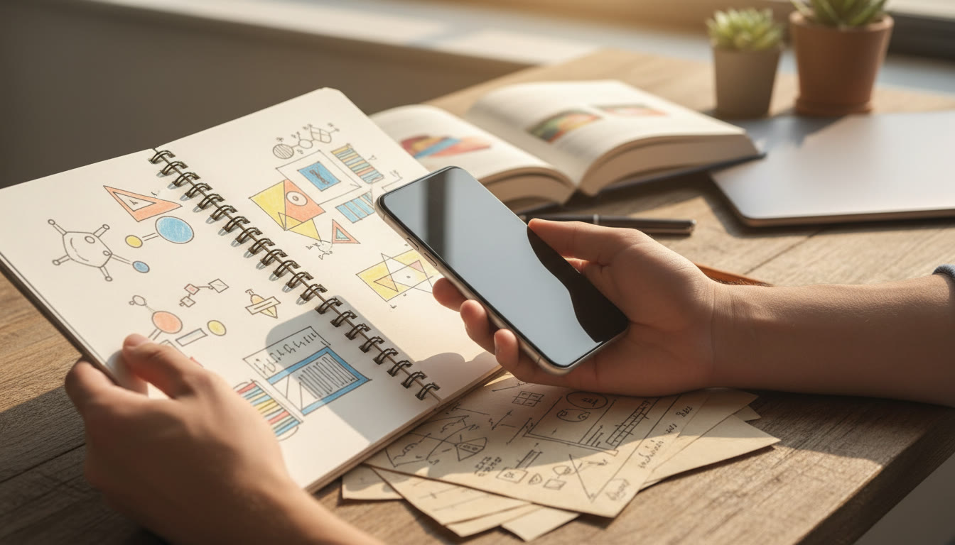 Photo Idea : close-up of hands holding a sketchbook, smartphone, and handwritten notes