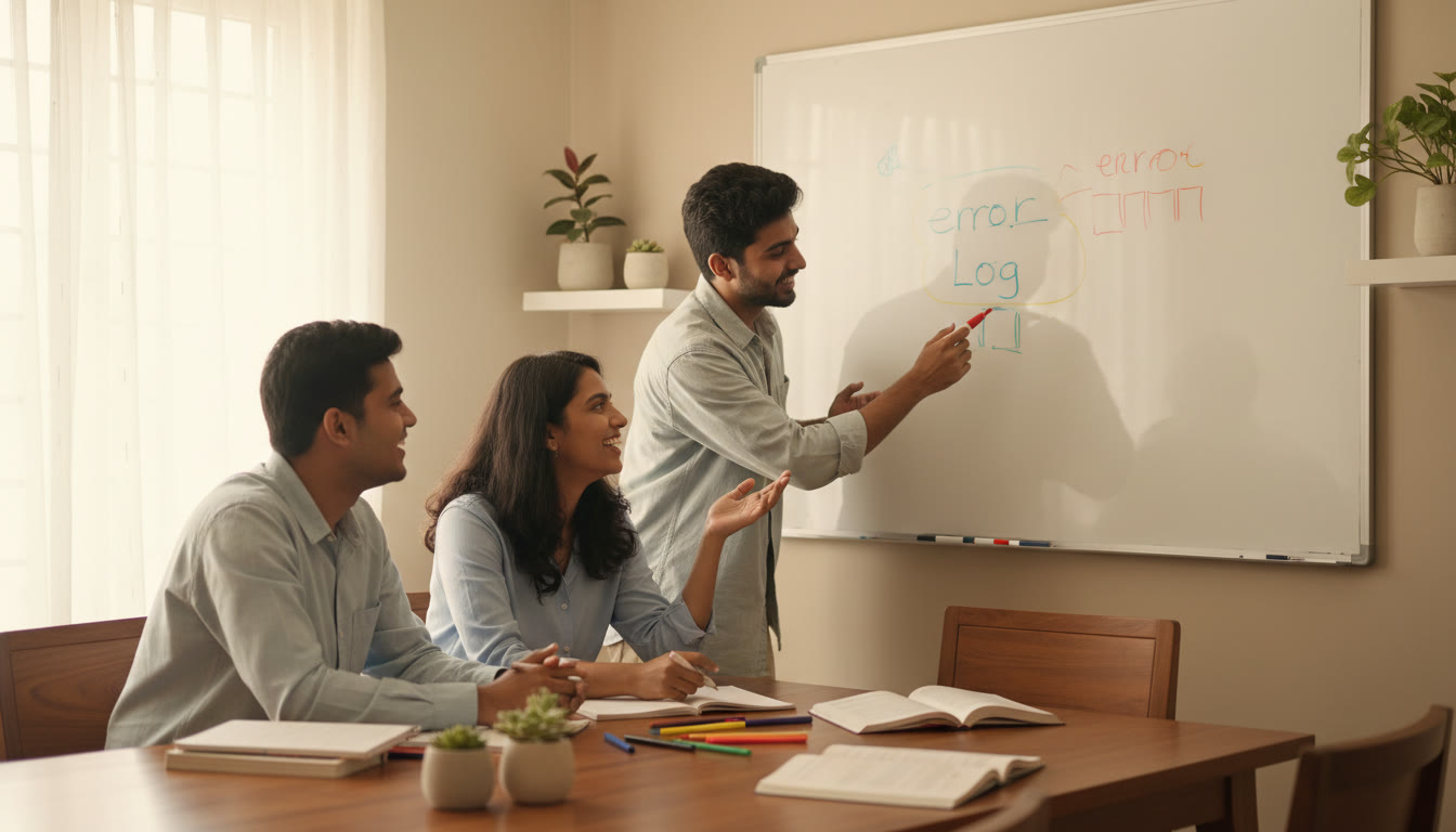 Photo Idea : A study group doing a weekly mock review together, pointing at an error log on a whiteboard