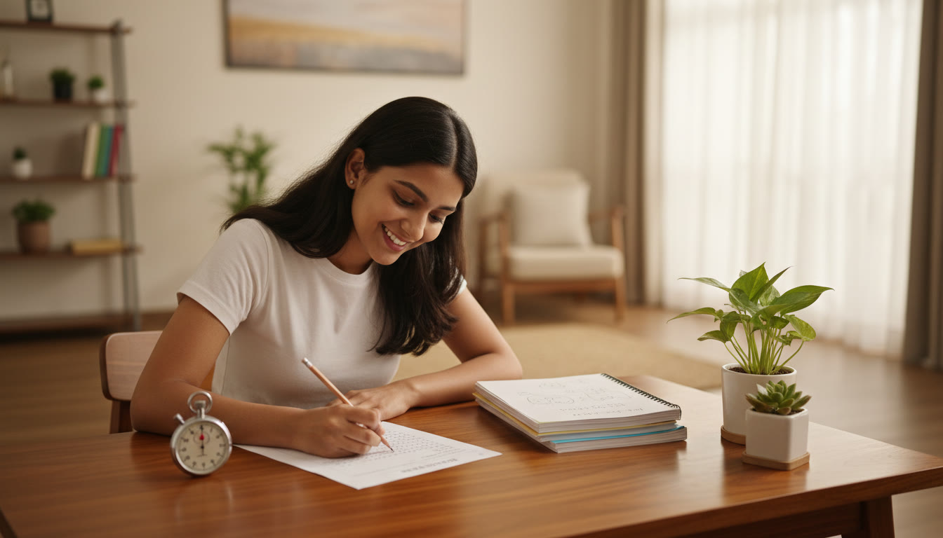 Photo Idea : A student writing a mock test at a desk with a stopwatch and neat revision notes