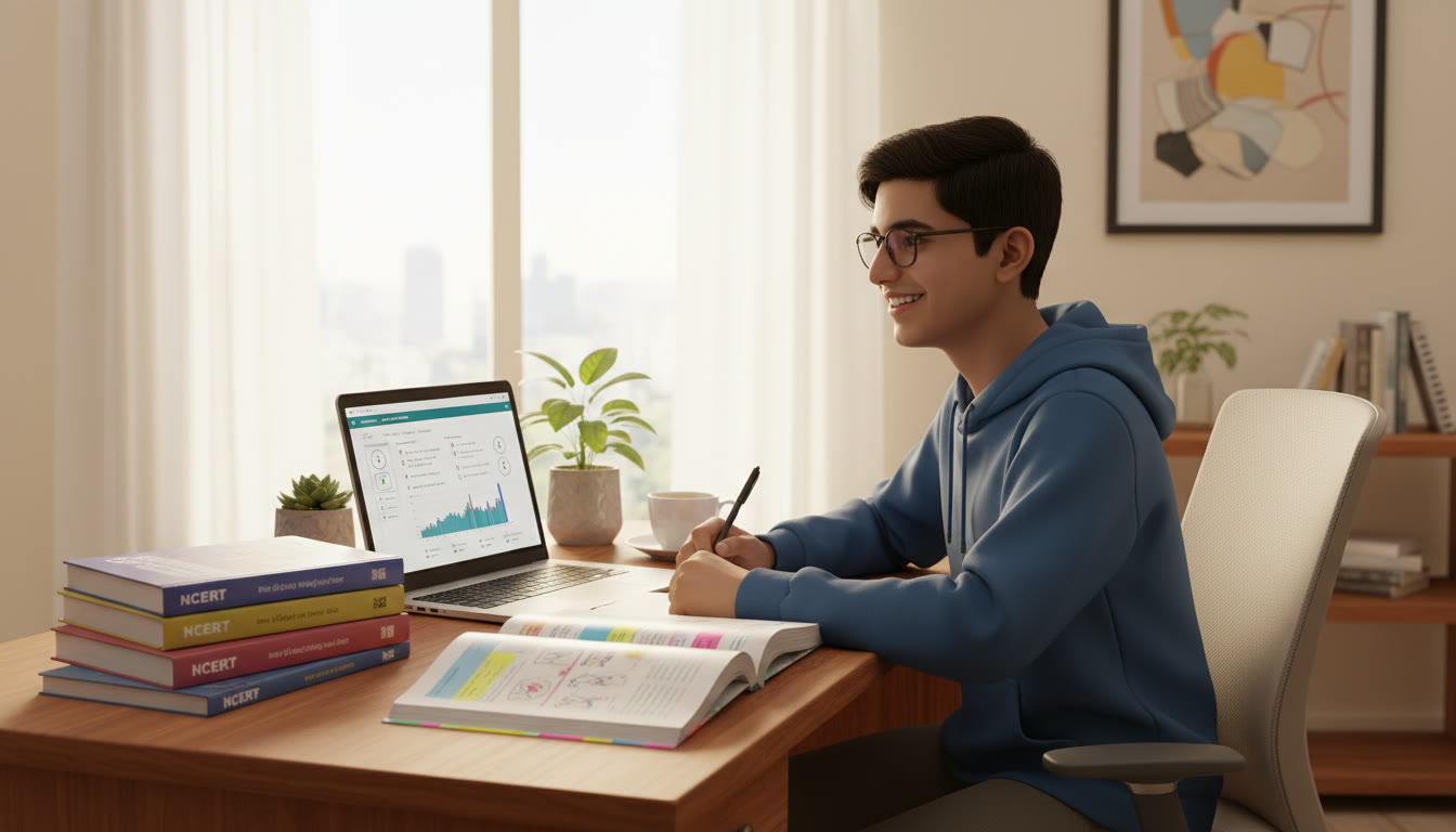 Photo Idea : Student at a study table with NCERT books, highlighted notes, and a laptop showing a timed mock test