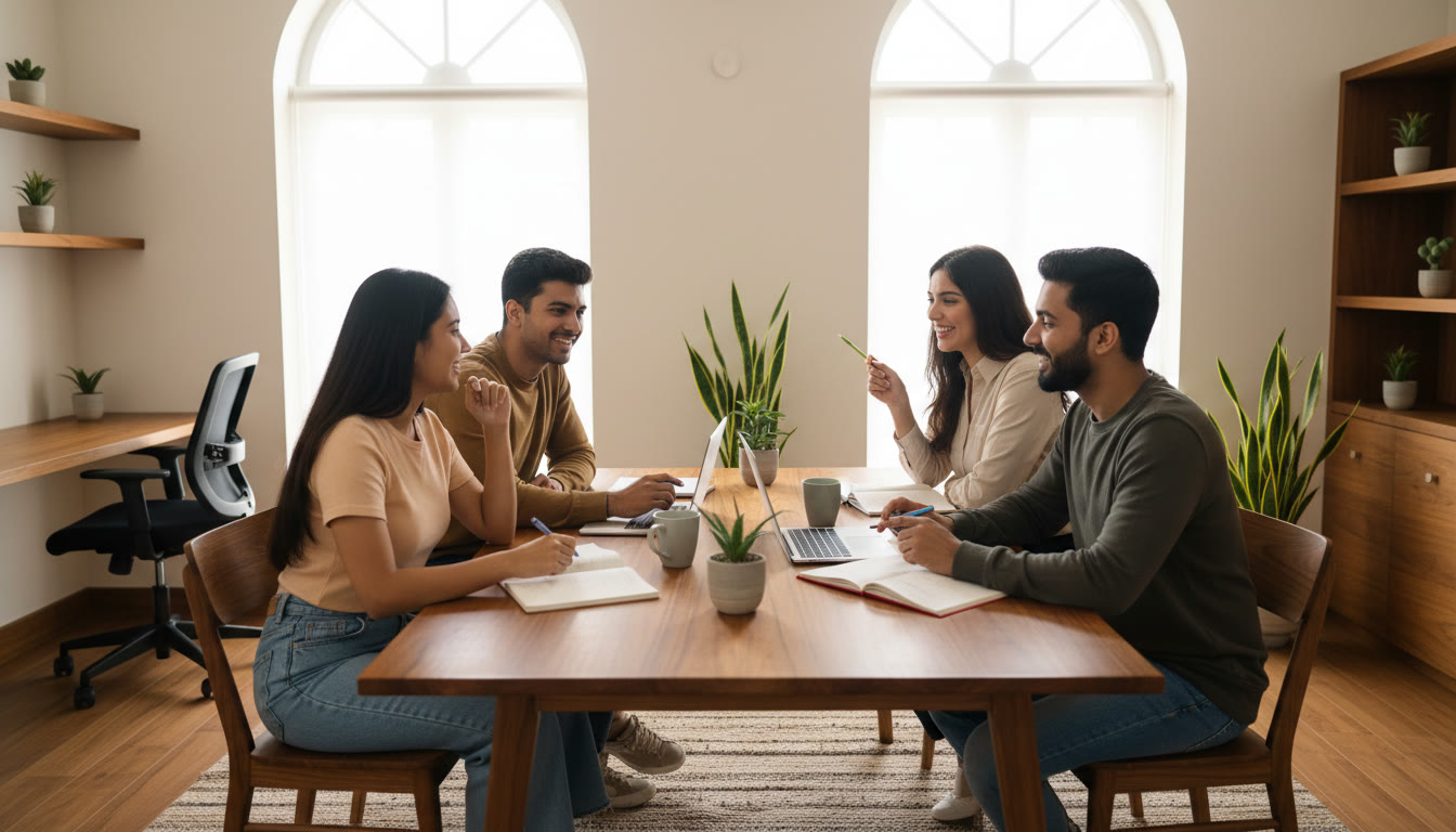 Photo Idea : A diverse group of students sitting around a table with notebooks and laptops, discussing career options with relaxed smiles.