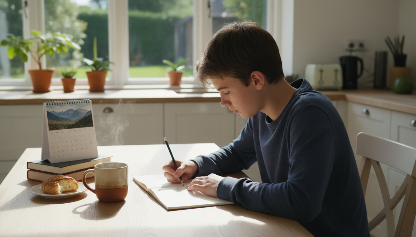 Photo Idea : A young person sketching or journaling at a kitchen table with a cup of tea and a calendar nearby