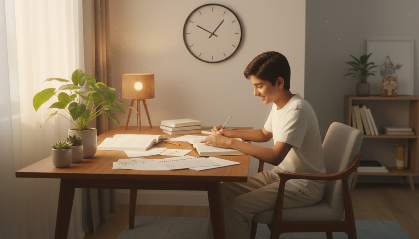 Photo Idea : Student studying at a desk with textbooks, notes and a visible wall clock