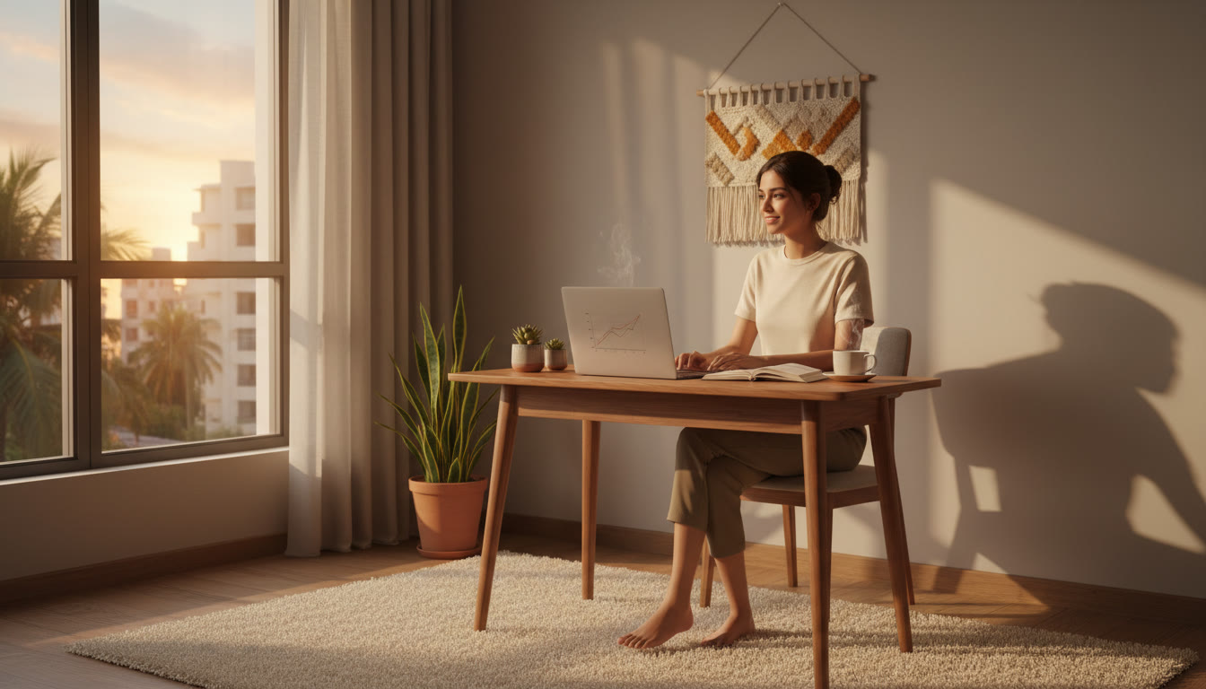 Photo Idea : A working student studying at a small desk with a laptop, open notebook, and a cup of coffee, warm evening light through a window
