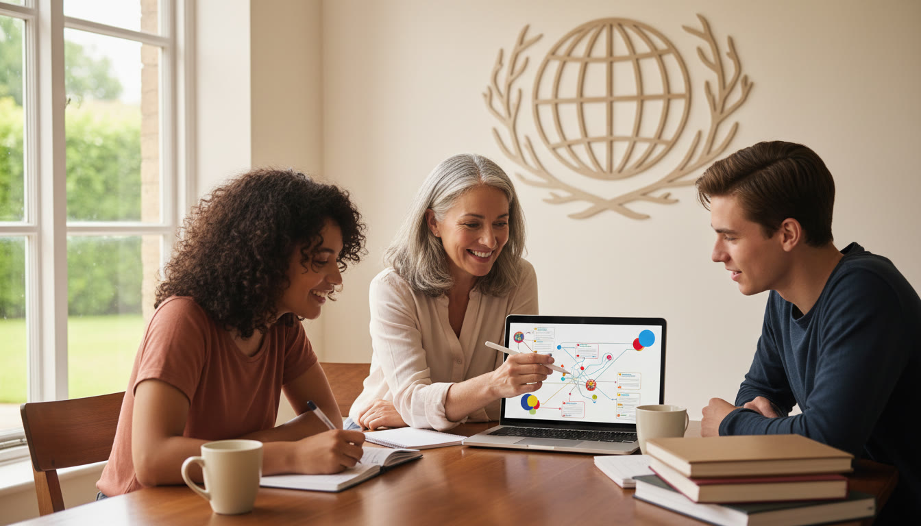Photo Idea : A small group meeting with a tutor around a laptop, reviewing application notes