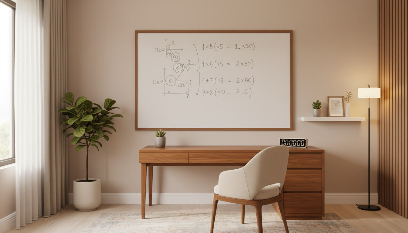 Photo Idea : Whiteboard with a solved mechanics problem and a visible stopwatch beside it