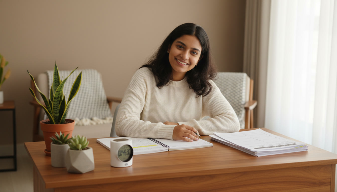 Photo Idea : Student at a tidy desk, open notebook, printed mock paper and a timer visible