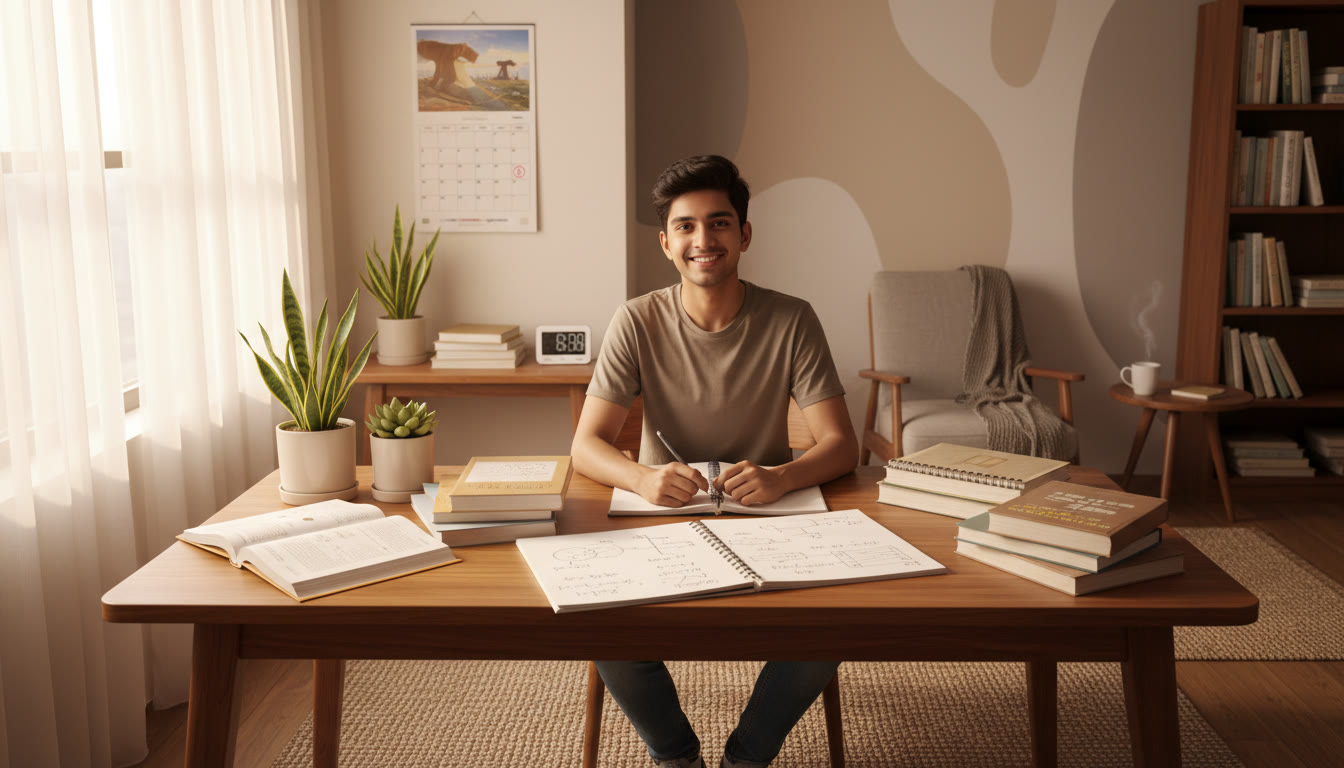 Photo Idea : Student at a desk with CBSE textbooks and NEET notes spread out, calendar and timer visible