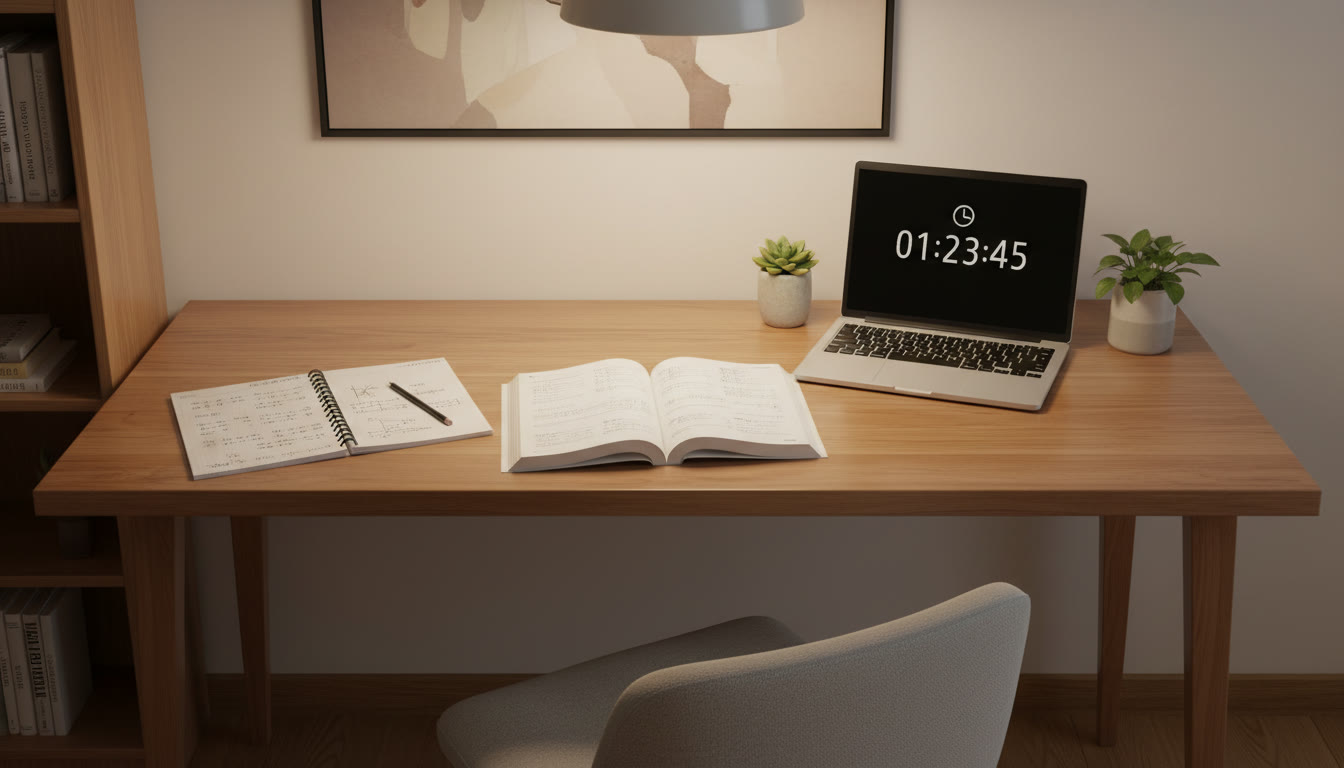 Photo Idea : A neat study desk with an open math book, handwritten notes, a pencil, and a visible countdown timer on a laptop screen