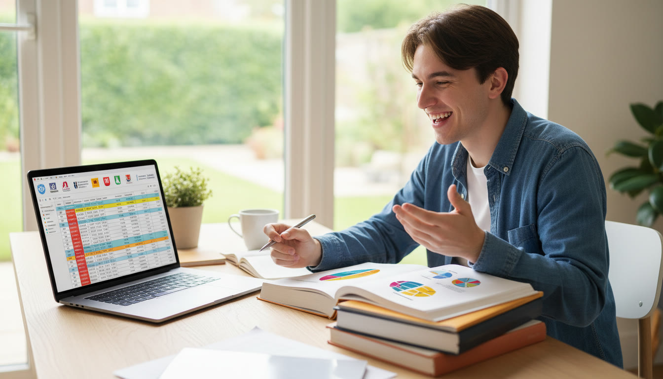 Photo Idea : Student at a desk comparing a spreadsheet of university targets with IB textbooks