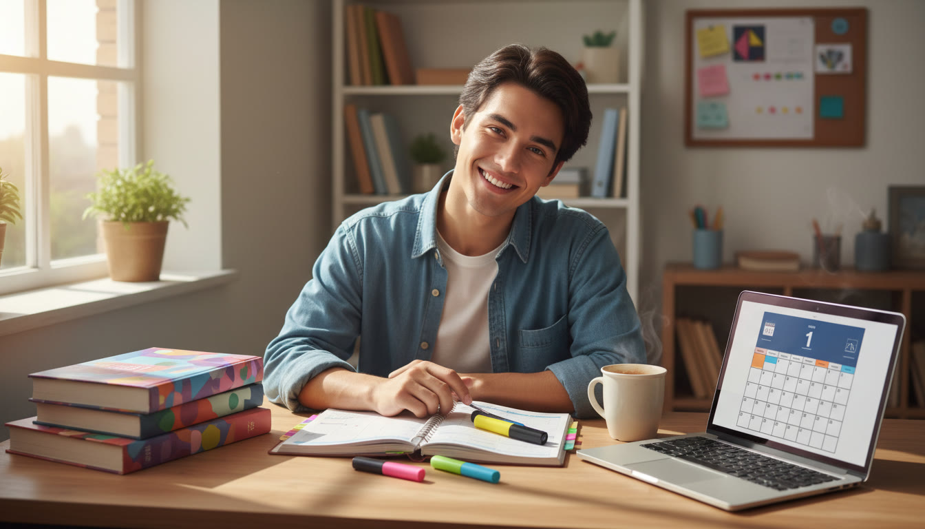 Photo Idea : Student at a desk with an open planner, highlighters, IB textbooks, and a laptop showing a calendar marked