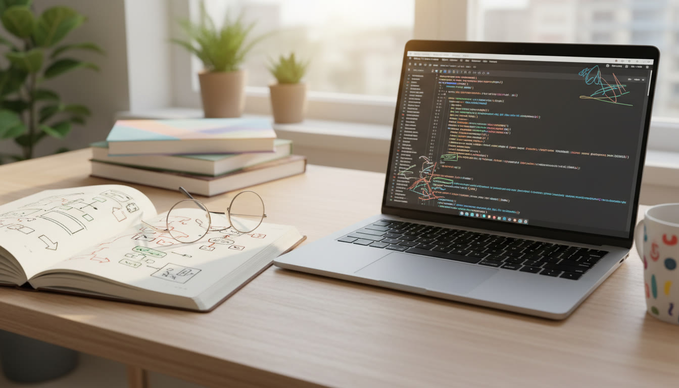 Photo Idea : A student portfolio notebook open next to a laptop showing annotated code