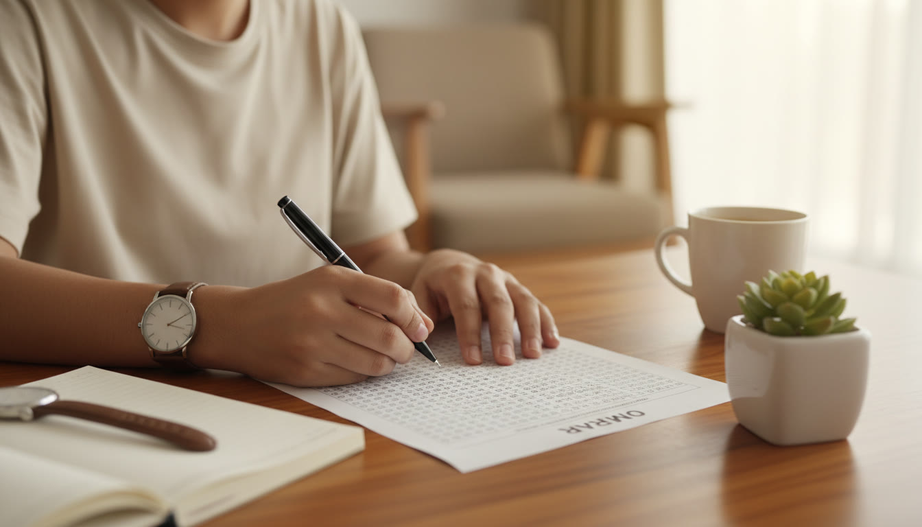 Photo Idea : Close-up of a student filling an OMR sheet with a watch and notebook nearby