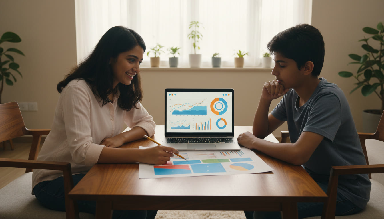 Photo Idea : A tutor and a student reviewing a color-coded mock-analysis sheet on a table, with a laptop showing a performance dashboard.