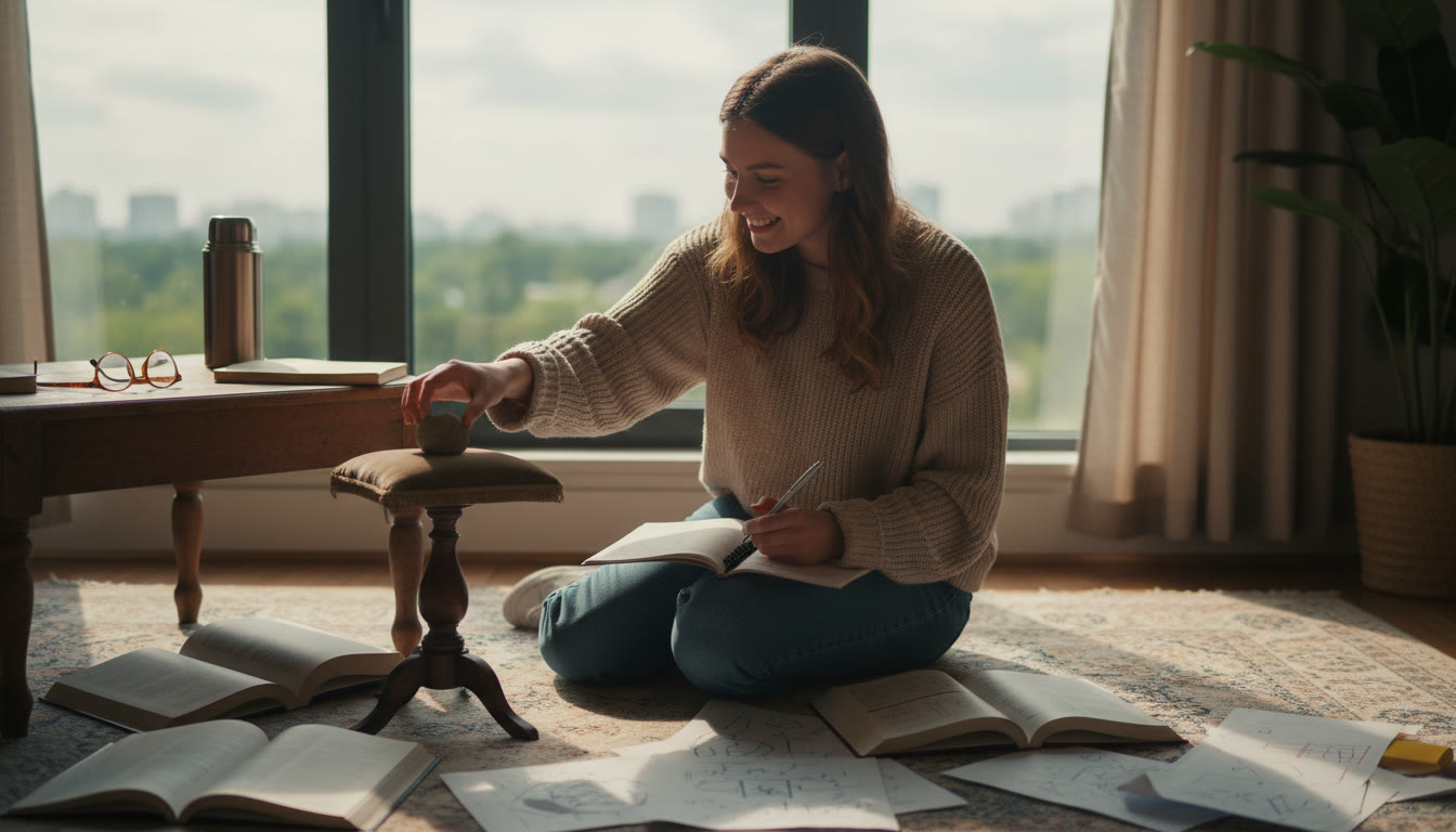 Photo Idea : Student placing a small everyday object on a pedestal while taking notes in a quiet study corner